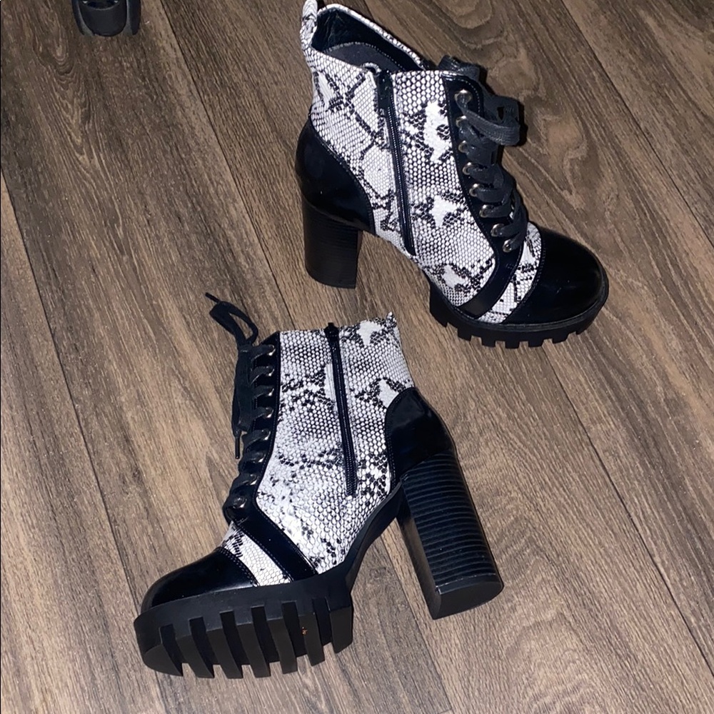 Women's Black and White Snake Print Ankle Boots